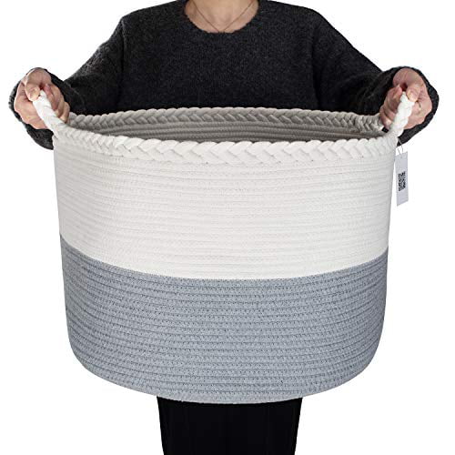 CherryNow Large Woven Basket Tassel Cotton Rope Storage Basket with Handles 22” x 22” x 14” Laundry Basket Blankets Toys Storage Bin Home Décor 